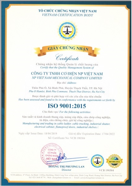 Chứng nhận ISO - Thang Máng Cáp NP - Công Ty TNHH Cơ Điện NP Việt Nam